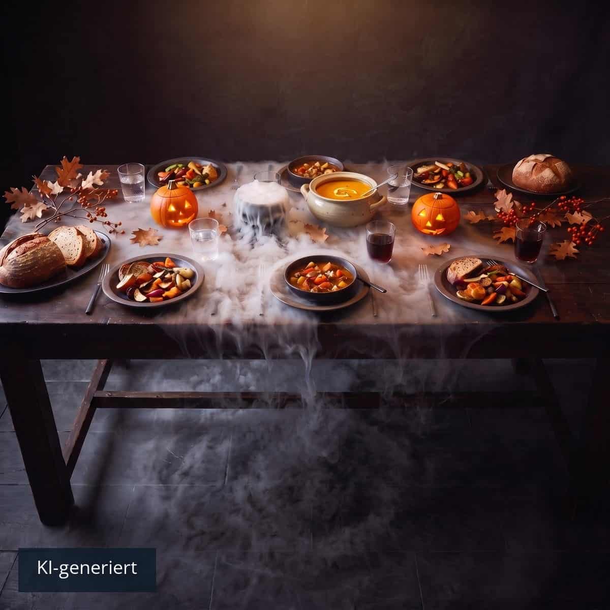 Halloween-Buffet mit einer Nebelschale in der Tischmitte (KI-generiert)